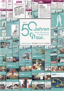 ISUV-Report Nr. 179 Juni 2025: Jubiläumsausgabe. 50 Jahre ISUV, Ihre Stimme im Familienrecht. Cover-Collage.