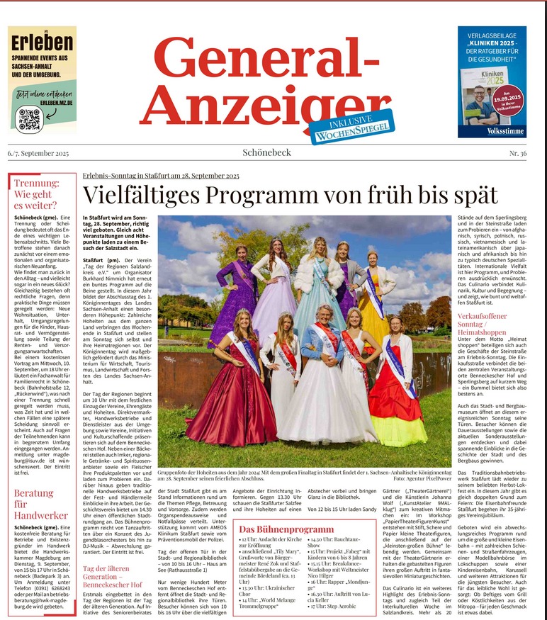 Zeitungsausschnitt: Königinnentag Sachsen-Anhalt, Staßfurt. Fachvortrag Neuanfang nach Trennung, ISUV-Themen.