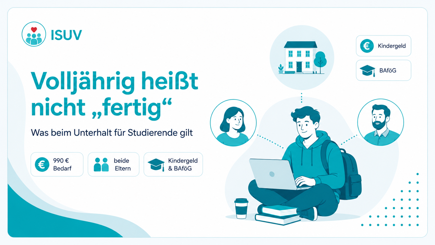 Illustration zum Unterhalt für Studierende: Ein Student am Laptop mit Infos zu BAföG, Kindergeld und elterlicher Haftung.