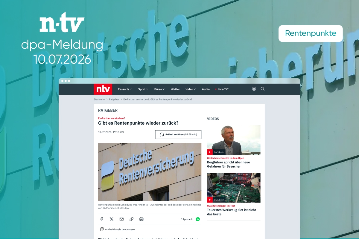 N-TV Webseite zum Thema Rentenpunkte nach Scheidung vor dem Gebäude der Deutschen Rentenversicherung zur Beratung.