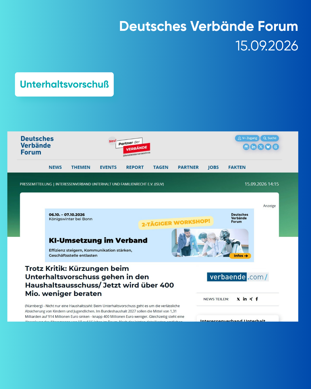 ISUV Pressemitteilung zum Unterhaltsvorschuss: Kürzungen im Haushaltsausschuss und über 400 Mio. weniger Beratungen.