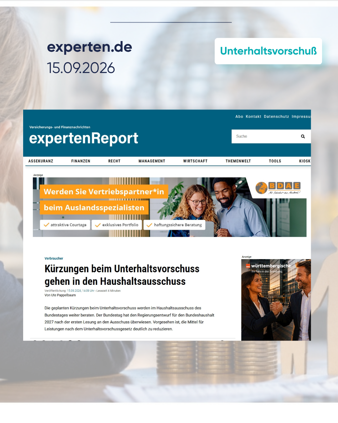 ISUV in der Presse: Artikel zu Kürzungen beim Unterhaltsvorschuss im expertenReport, Thema Unterhalt nach Trennung.