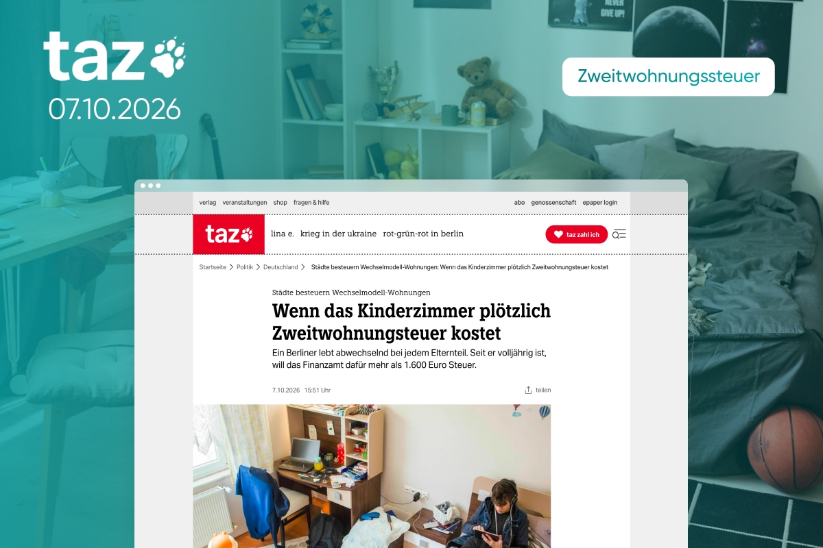 taz-Artikel: Wenn das Kinderzimmer plötzlich Zweitwohnungssteuer kostet – Zwei Elternhäuser und Steuerforderung nach Trennung.
